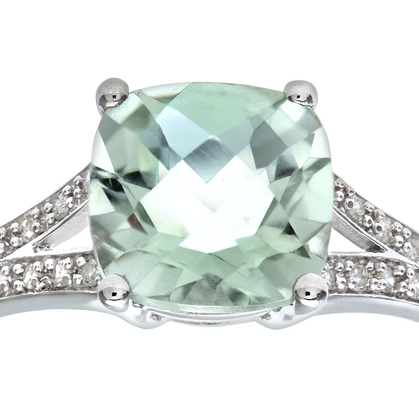 9ct White Gold  Diamond Cushion Amethyst Split Pave Solitaire Ring - PR0AXL7210WGreenAM