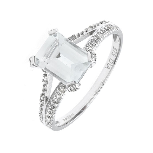 9ct White Gold  Diamond Emerald Cut Aquamarine Solitaire Ring - PR0AXL7262WAQ
