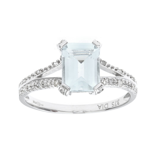 9ct White Gold  Diamond Emerald Cut Aquamarine Solitaire Ring - PR0AXL7262WAQ