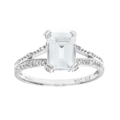 9ct White Gold  Diamond Emerald Cut Aquamarine Solitaire Ring - PR0AXL7262WAQ