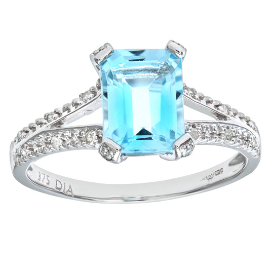 9ct White Gold  Diamond Emerald Cut 2ct Blue Topaz Solitaire Ring - PR0AXL7262WBT