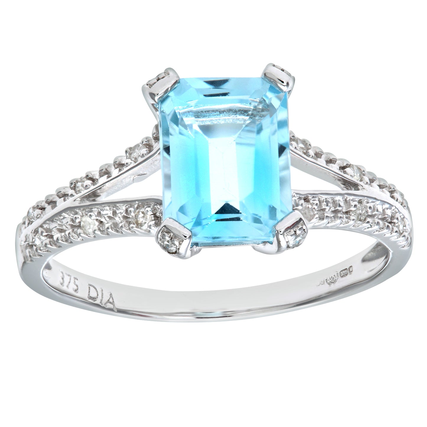 9ct White Gold  Diamond Emerald Cut 2ct Blue Topaz Solitaire Ring - PR0AXL7262WBT