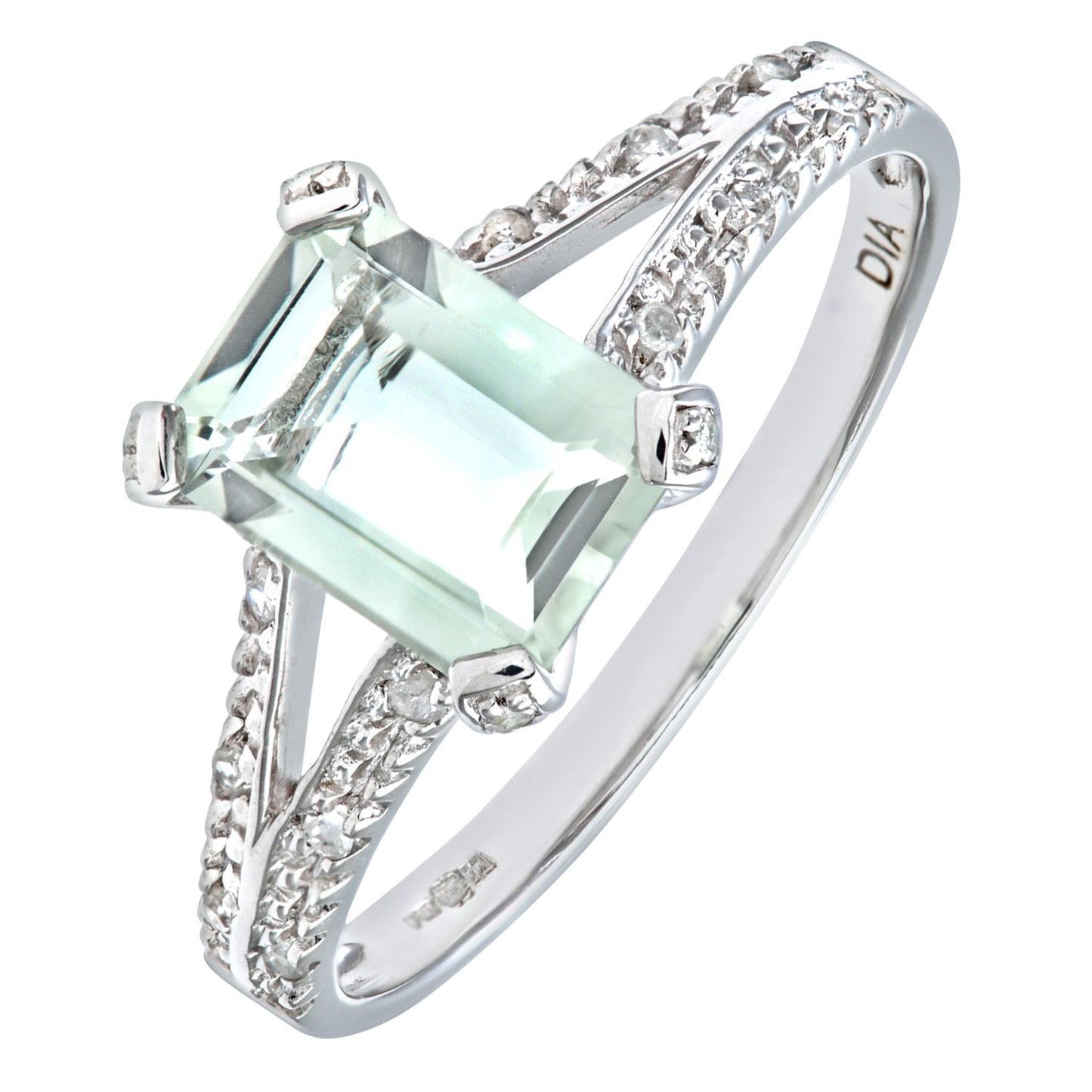 9ct White Gold  Diamond Emerald Cut Amethyst Split Solitaire Ring - PR0AXL7262WGreenAM