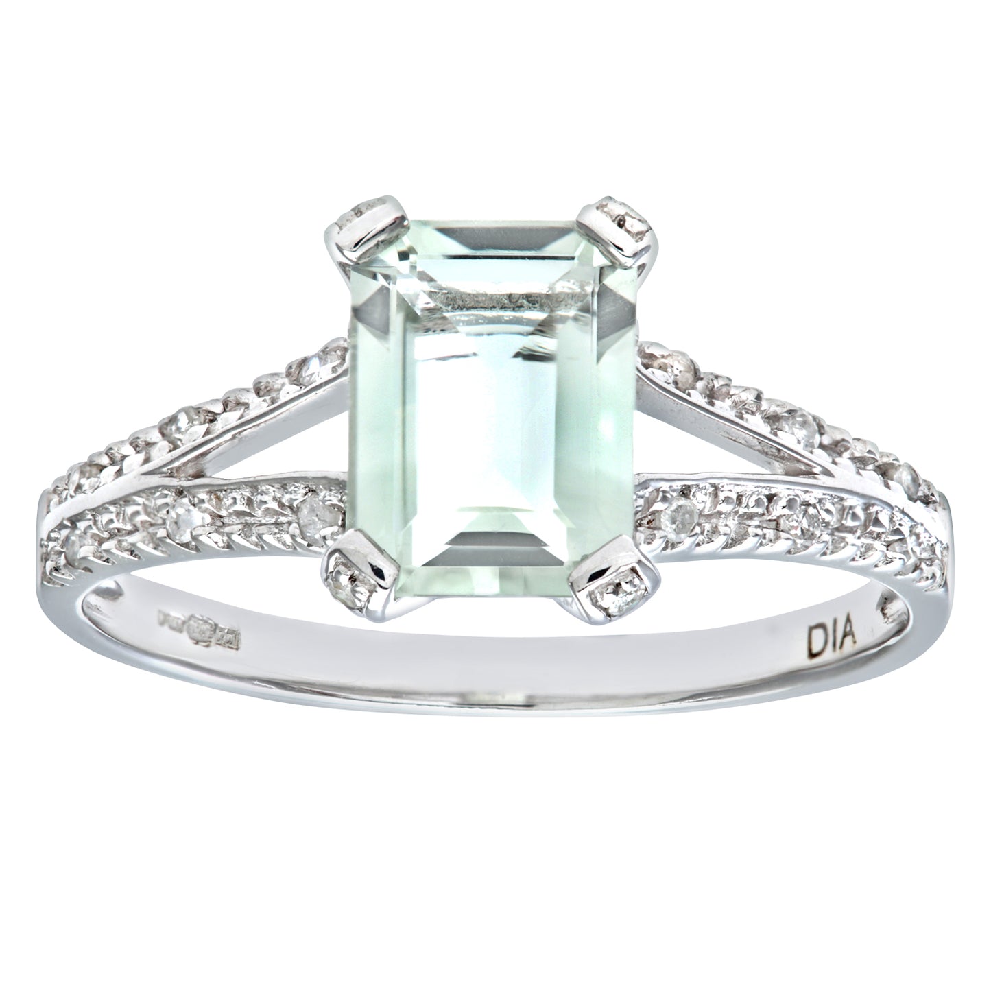 9ct White Gold  Diamond Emerald Cut Amethyst Split Solitaire Ring - PR0AXL7262WGreenAM
