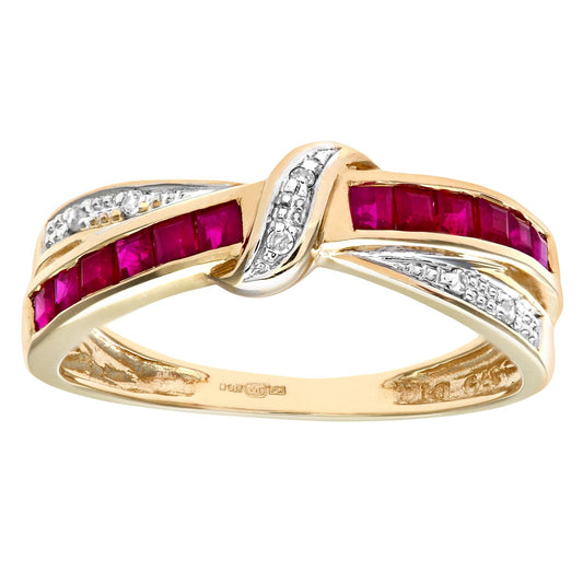 9ct Gold  2.5pts Diamond Square 0.76ct Ruby Knot Eternity Ring 3mm - PR0AXL7360YRU