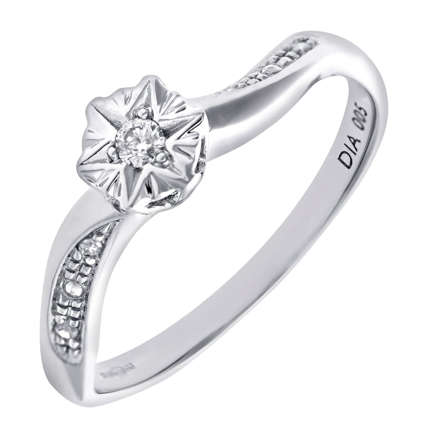 9ct White Gold  5pts Diamond Wavy Illusion Star Solitaire Ring 5mm - PR0AXL7425W