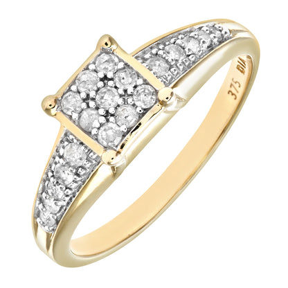 9ct Gold  1/4ct Diamond Raised Square Top Signet Cluster Ring - PR0AXL7429Y