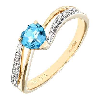 9ct Gold  Diamond Heart 0.6ct Blue Topaz Split Love Heart Ring - PR0AXL7447YBT