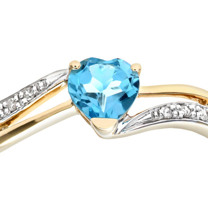 9ct Gold  Diamond Heart 0.6ct Blue Topaz Split Love Heart Ring - PR0AXL7447YBT