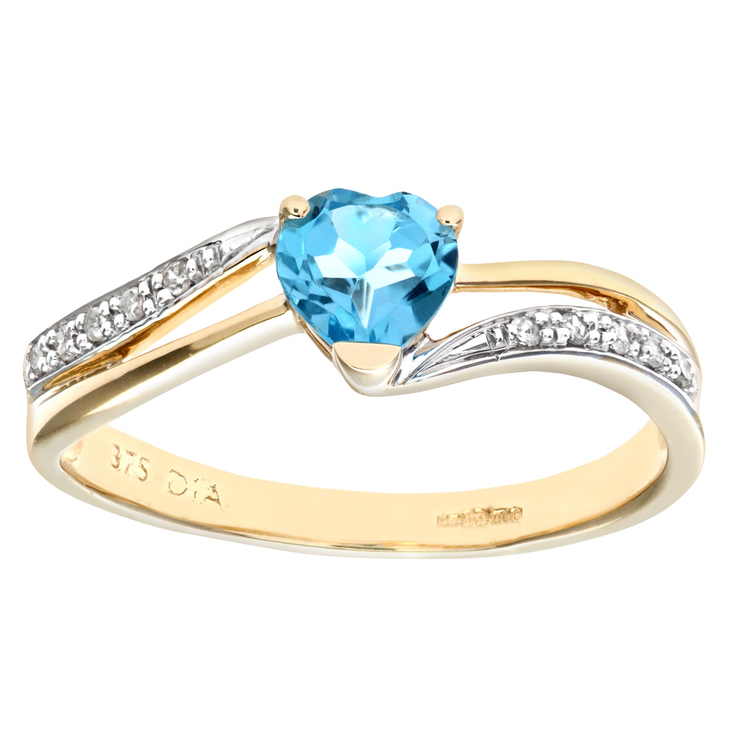 9ct Gold  Diamond Heart 0.6ct Blue Topaz Split Love Heart Ring - PR0AXL7447YBT