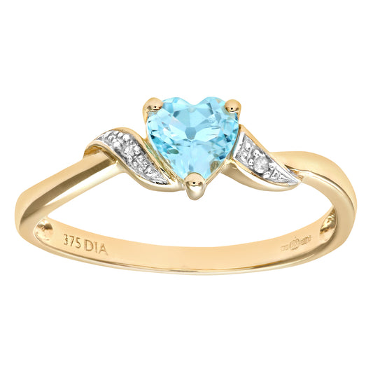 9ct Gold  1pts Diamond Heart 0.55ct Blue Topaz Heart Ring - PR0AXL7486YBT