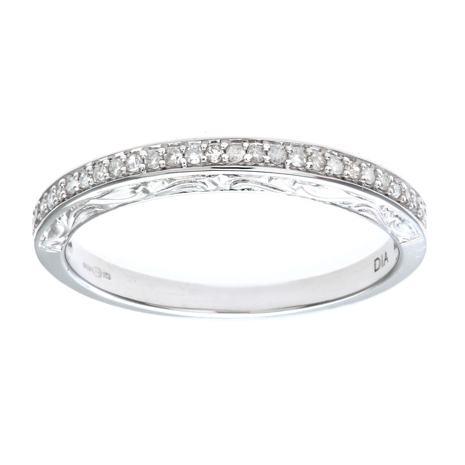 9ct White Gold  Diamond Carved Sides Micro Bead Eternity Ring 2mm - PR0AXL7539BW