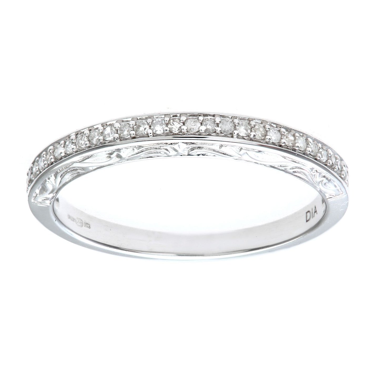 9ct White Gold  Diamond Carved Sides Micro Bead Eternity Ring 2mm - PR0AXL7539BW