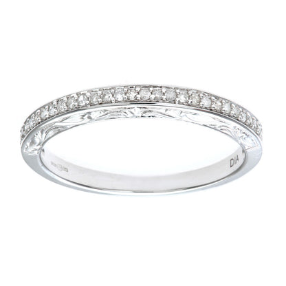 9ct White Gold  Diamond Carved Sides Micro Bead Eternity Ring 2mm - PR0AXL7539BW