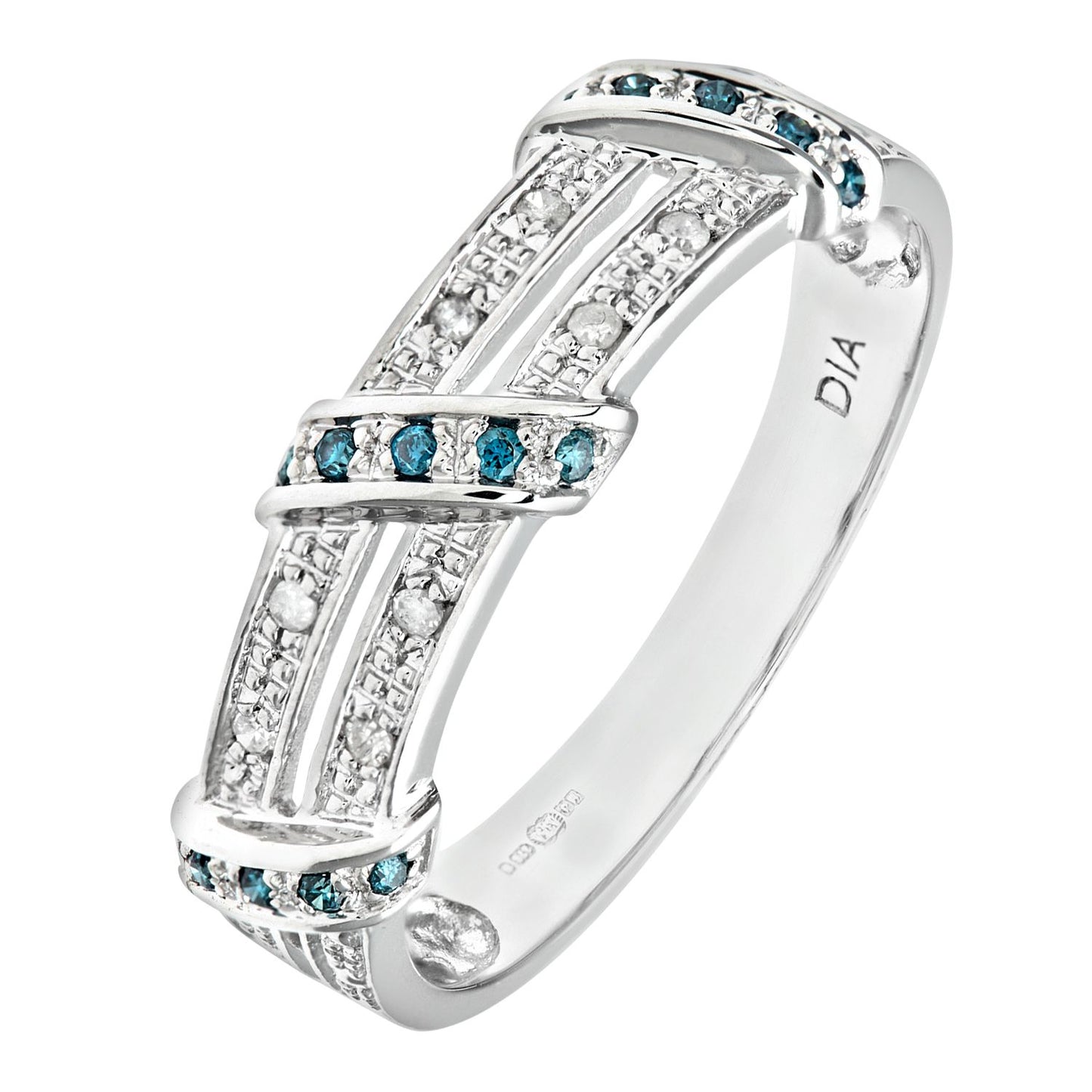 9ct White Gold  Blue Diamond Split 2 Row Pave Bridge Eternity Ring - PR0AXL8078WBlueDia