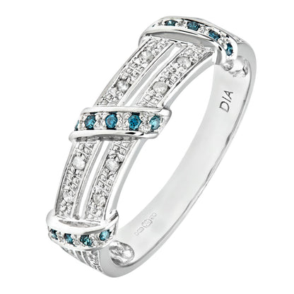 9ct White Gold  Blue Diamond Split 2 Row Pave Bridge Eternity Ring - PR0AXL8078WBlueDia