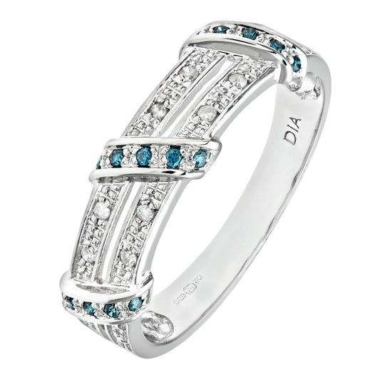 9ct White Gold  Blue Diamond Split 2 Row Pave Bridge Eternity Ring - PR0AXL8078WBlueDia