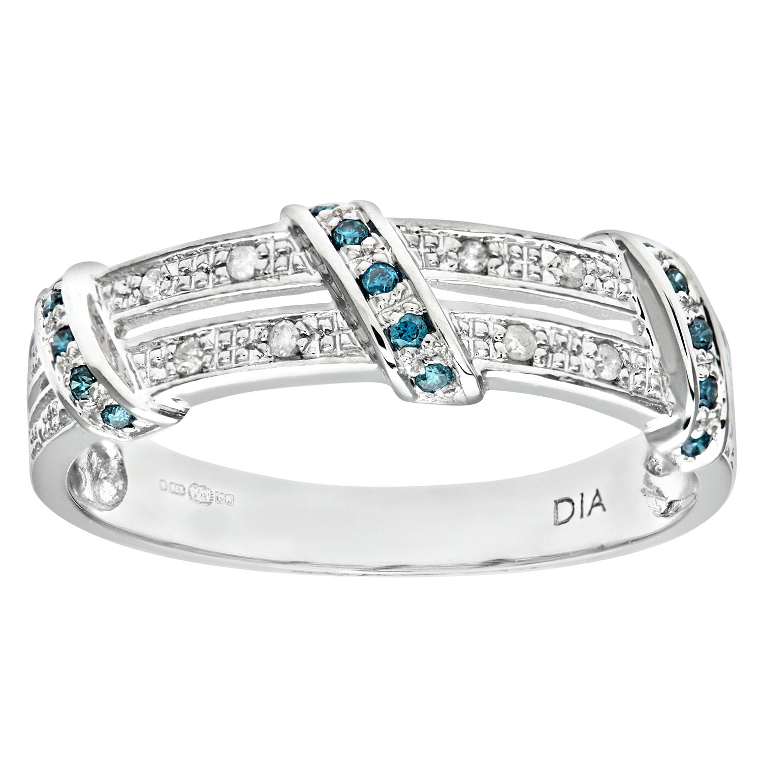 9ct White Gold  Blue Diamond Split 2 Row Pave Bridge Eternity Ring - PR0AXL8078WBlueDia