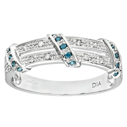 9ct White Gold  Blue Diamond Split 2 Row Pave Bridge Eternity Ring - PR0AXL8078WBlueDia