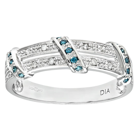 9ct White Gold  Blue Diamond Split 2 Row Pave Bridge Eternity Ring - PR0AXL8078WBlueDia