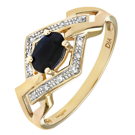 9ct Gold  Diamond Oval Sapphire Art Deco Rhombus Solitaire Ring - PR0AXL8181YSA