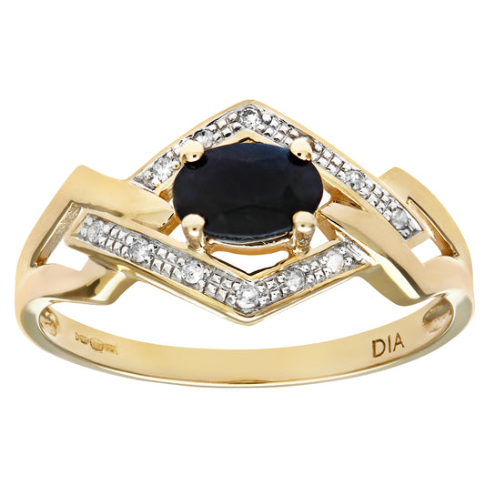 9ct Gold  Diamond Oval Sapphire Art Deco Rhombus Solitaire Ring - PR0AXL8181YSA