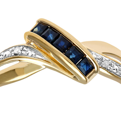 9ct Gold  2pts Diamond Square 0.28ct Sapphire Crossover Dress Ring - PR0AXL8829YSA