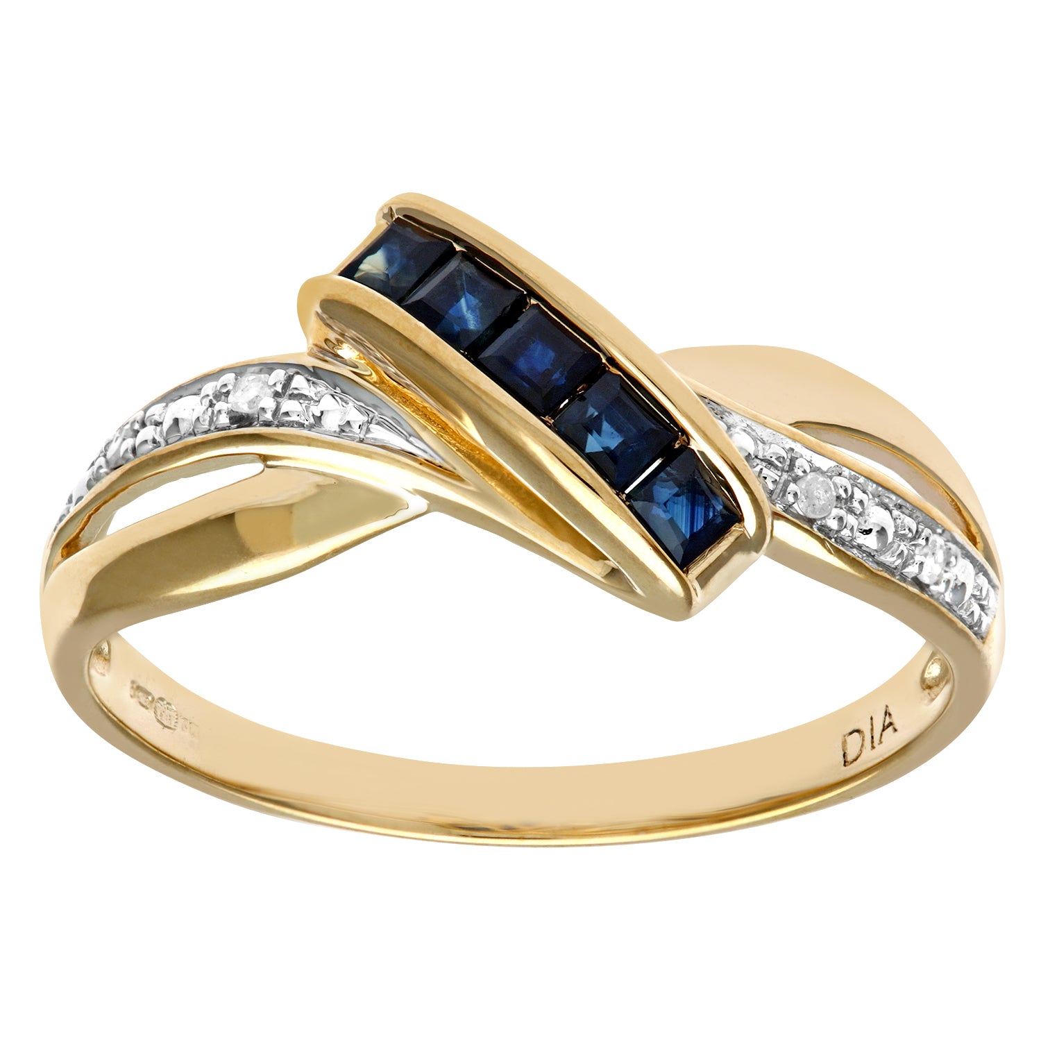 9ct Gold  2pts Diamond Square 0.28ct Sapphire Crossover Dress Ring - PR0AXL8829YSA