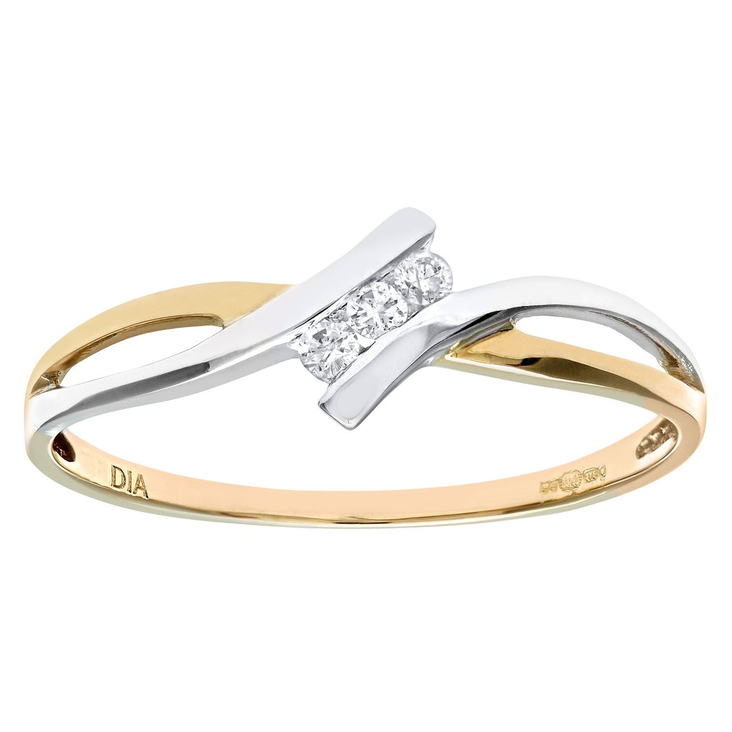 9ct White & Yellow Gold  6pts Diamond Split Wavy Trilogy Ring 4mm - PR0AXL8897YW
