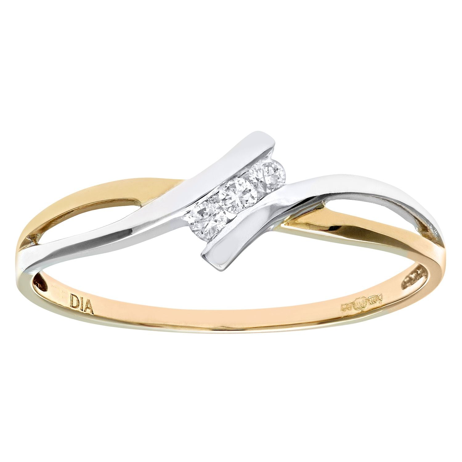 9ct White & Yellow Gold  6pts Diamond Split Wavy Trilogy Ring 4mm - PR0AXL8897YW