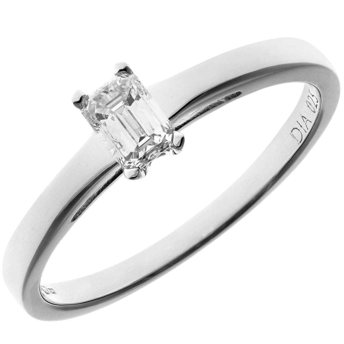 18ct White Gold  Emerald Cut 1/4ct Diamond 4 Claw Solitaire Ring - PR0AXL914518KW