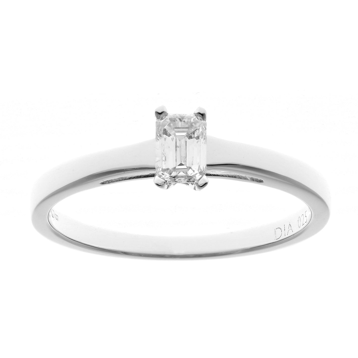 18ct White Gold  Emerald Cut 1/4ct Diamond 4 Claw Solitaire Ring - PR0AXL914518KW