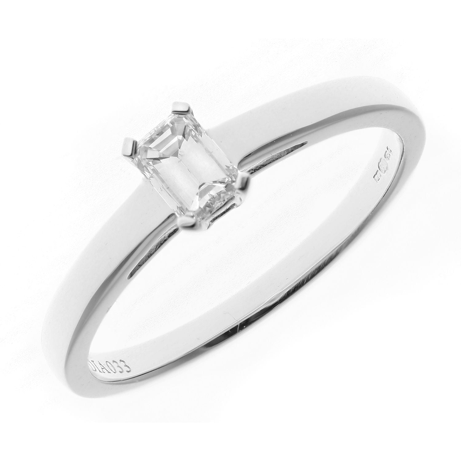 18ct White Gold  Emerald Cut 1/3ct Diamond 4 Claw Solitaire Ring - PR0AXL914618KW