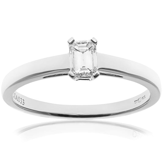 18ct White Gold  Emerald Cut 1/3ct Diamond 4 Claw Solitaire Ring - PR0AXL914618KW