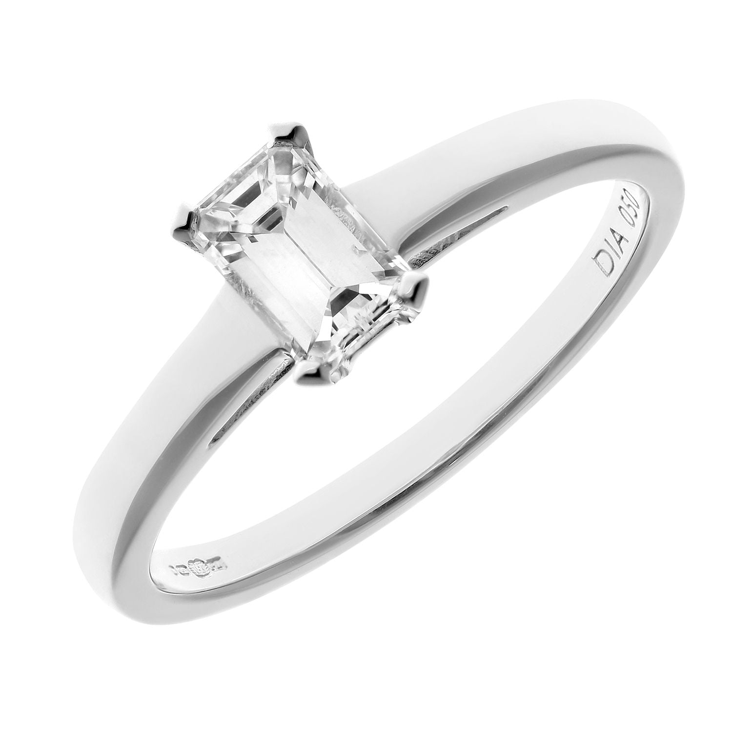18ct White Gold  Emerald Cut 1/2ct Diamond 4 Claw Solitaire Ring - PR0AXL914718KW