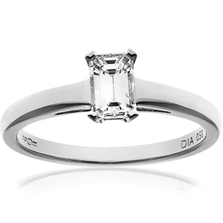 18ct White Gold  Emerald Cut 1/2ct Diamond 4 Claw Solitaire Ring - PR0AXL914718KW