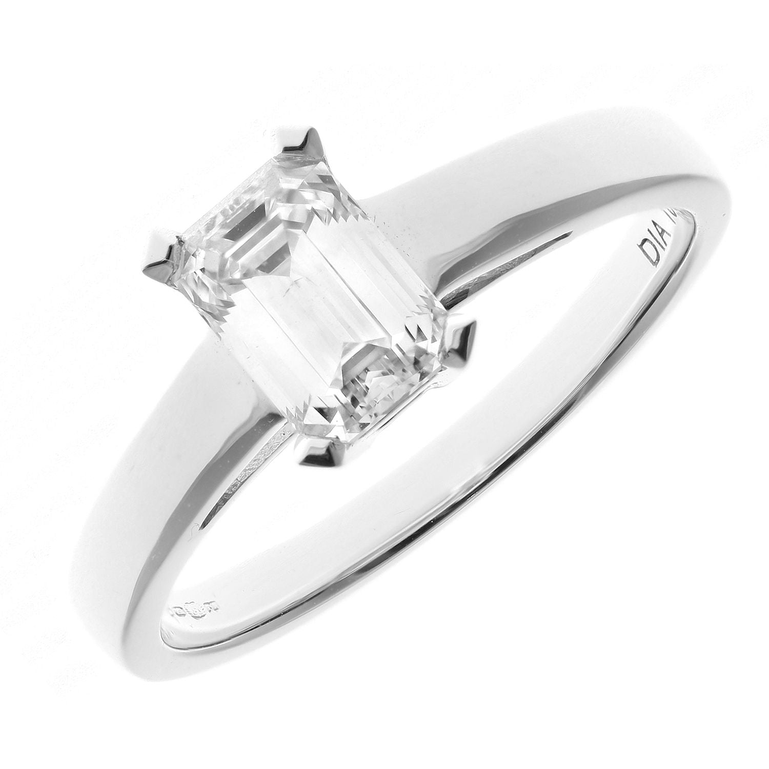 18ct White Gold  Emerald Cut 1ct Diamond 4 Claw Solitaire Ring - PR0AXL914918KW