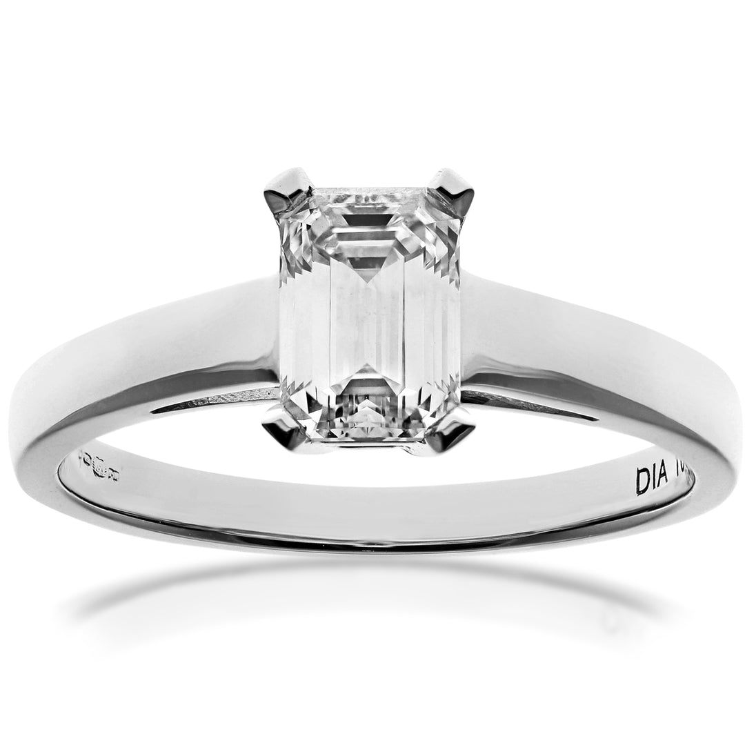 18ct White Gold  Emerald Cut 1ct Diamond 4 Claw Solitaire Ring - PR0AXL914918KW