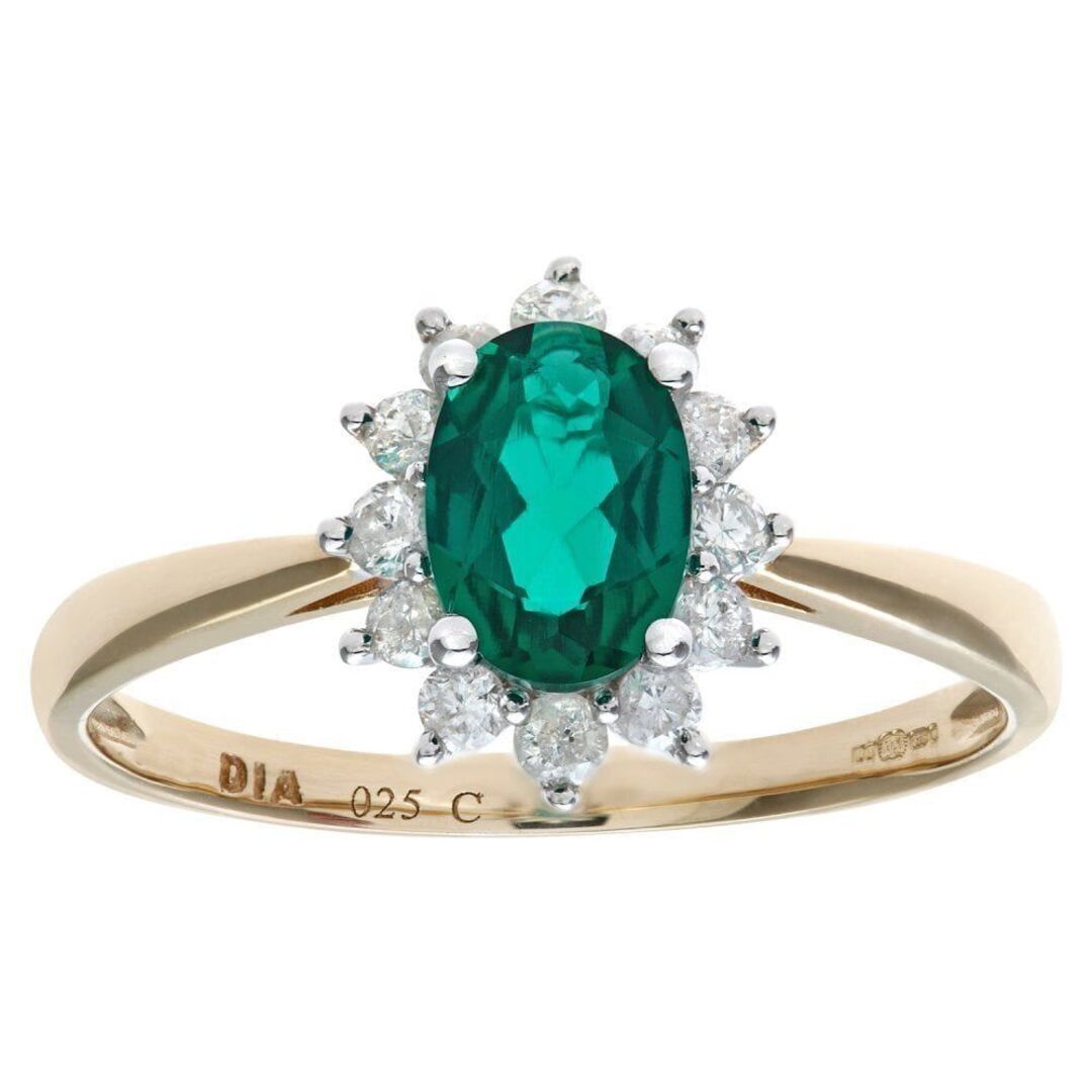 9ct Gold  1/4ct Diamond Oval Emerald Royal Oval Cluster Ring 10mm - PR1AXL0470YEM