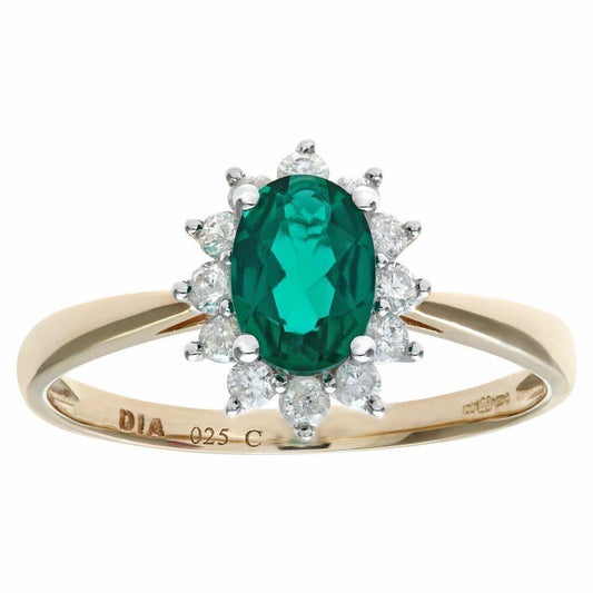 9ct Gold  1/4ct Diamond Oval Emerald Royal Oval Cluster Ring 10mm - PR1AXL0470YEM