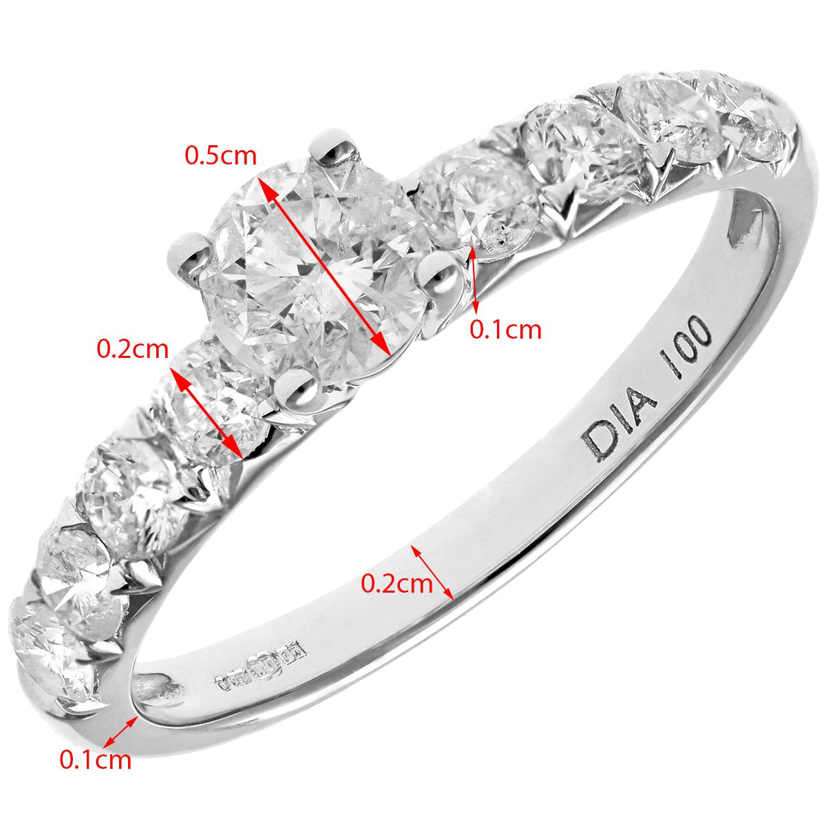 18ct White Gold  0.48ct Diamond 0.52ct Solitaire Ring 2mm 5mm - PR1AXL096218KW