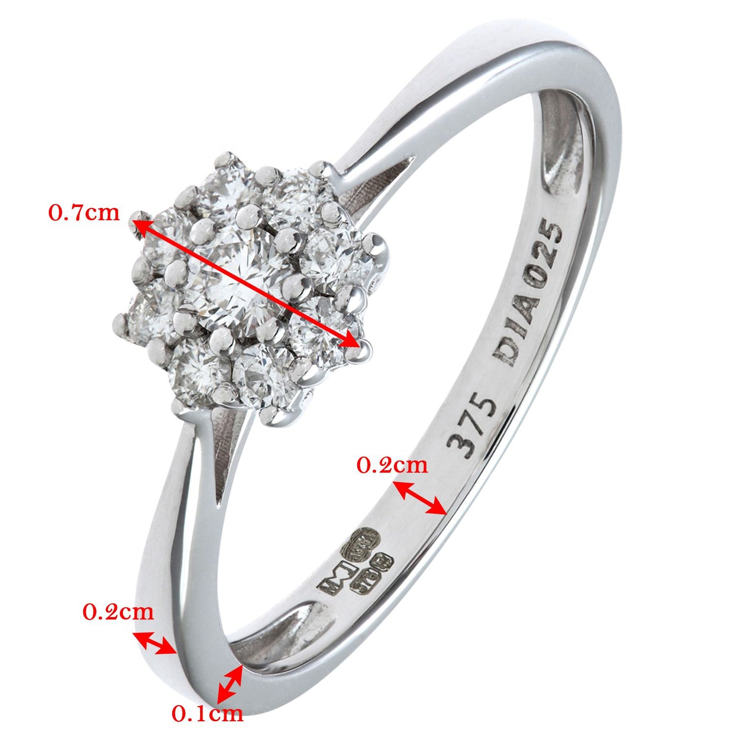 9ct White Gold  Round 1/4ct Diamond 9 Stone Cluster Ring 7mm - PR1AXL1539W