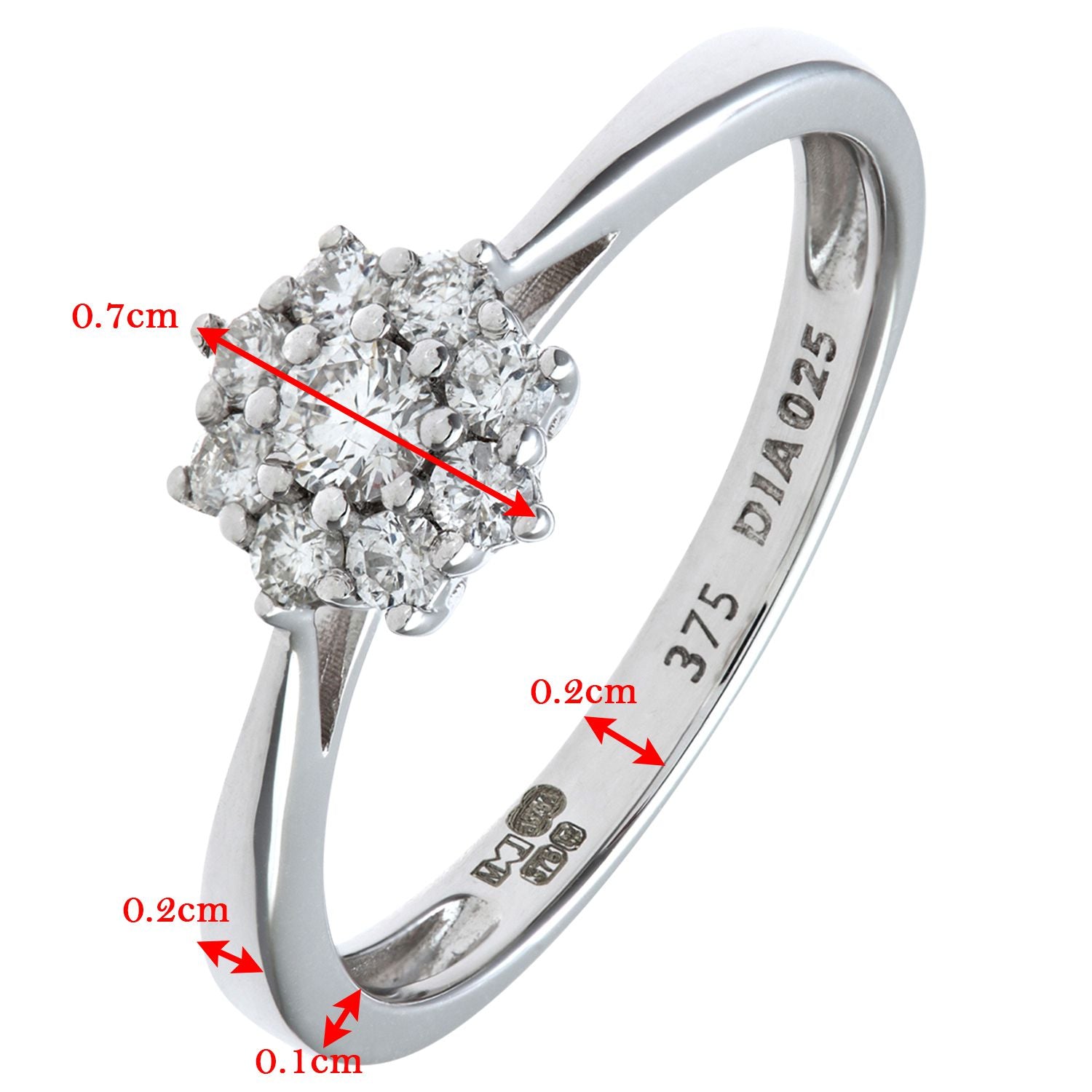 9ct White Gold  Round 1/4ct Diamond 9 Stone Cluster Ring 7mm - PR1AXL1539W