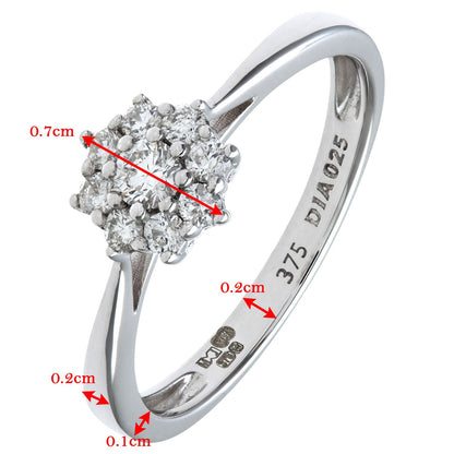 9ct White Gold  Round 1/4ct Diamond 9 Stone Cluster Ring 7mm - PR1AXL1539W