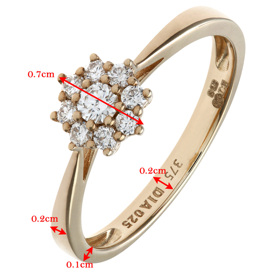 9ct Gold  Round 1/4ct Diamond 9 Stone Cluster Ring 7mm - PR1AXL1539Y