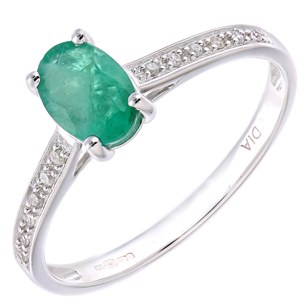9ct White Gold  5pts Diamond Oval 0.79ct Emerald Solitaire Ring - PR1AXL2259WEM