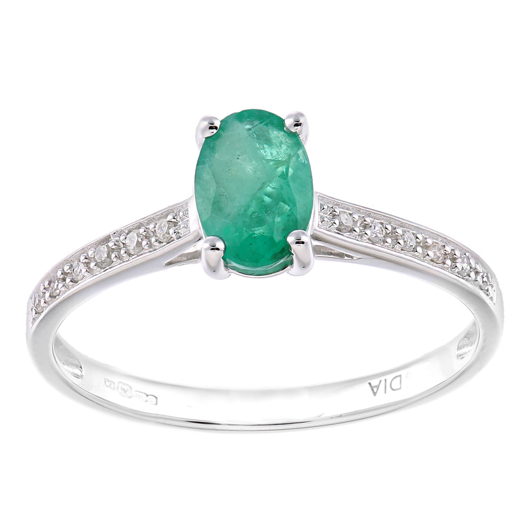 9ct White Gold  5pts Diamond Oval 0.79ct Emerald Solitaire Ring - PR1AXL2259WEM