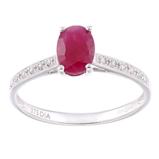9ct White Gold  5pts Diamond Oval 1.2ct Ruby Solitaire Ring - PR1AXL2259WRU