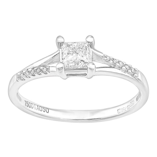 18ct White Gold  Princess Diamond Diamond Pave Solitaire Ring - PR1AXL2327W18
