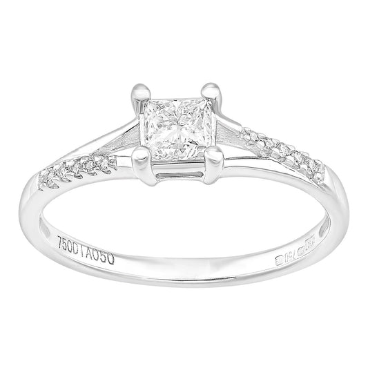 18ct White Gold  Princess Diamond Diamond Pave Solitaire Ring - PR1AXL2327W18